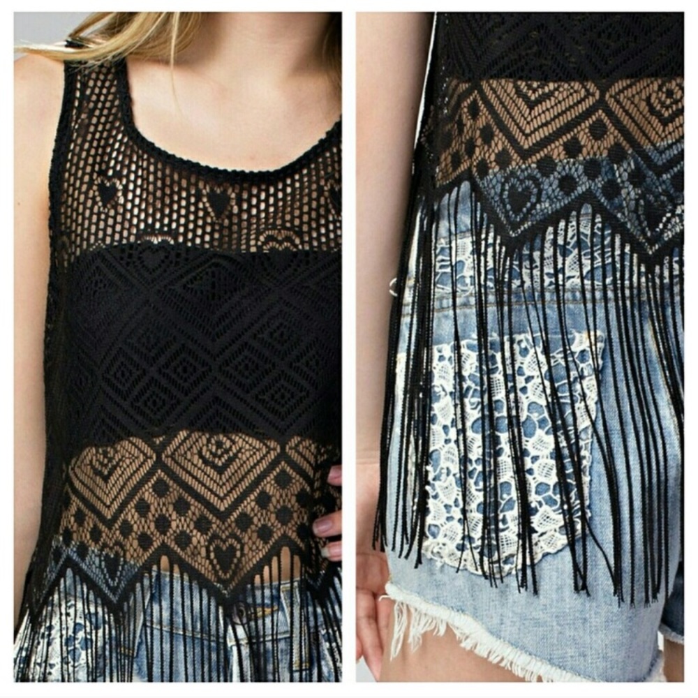 Lace See-Through Tank Top with Fringe (CREAM) - Picture 5 of 5